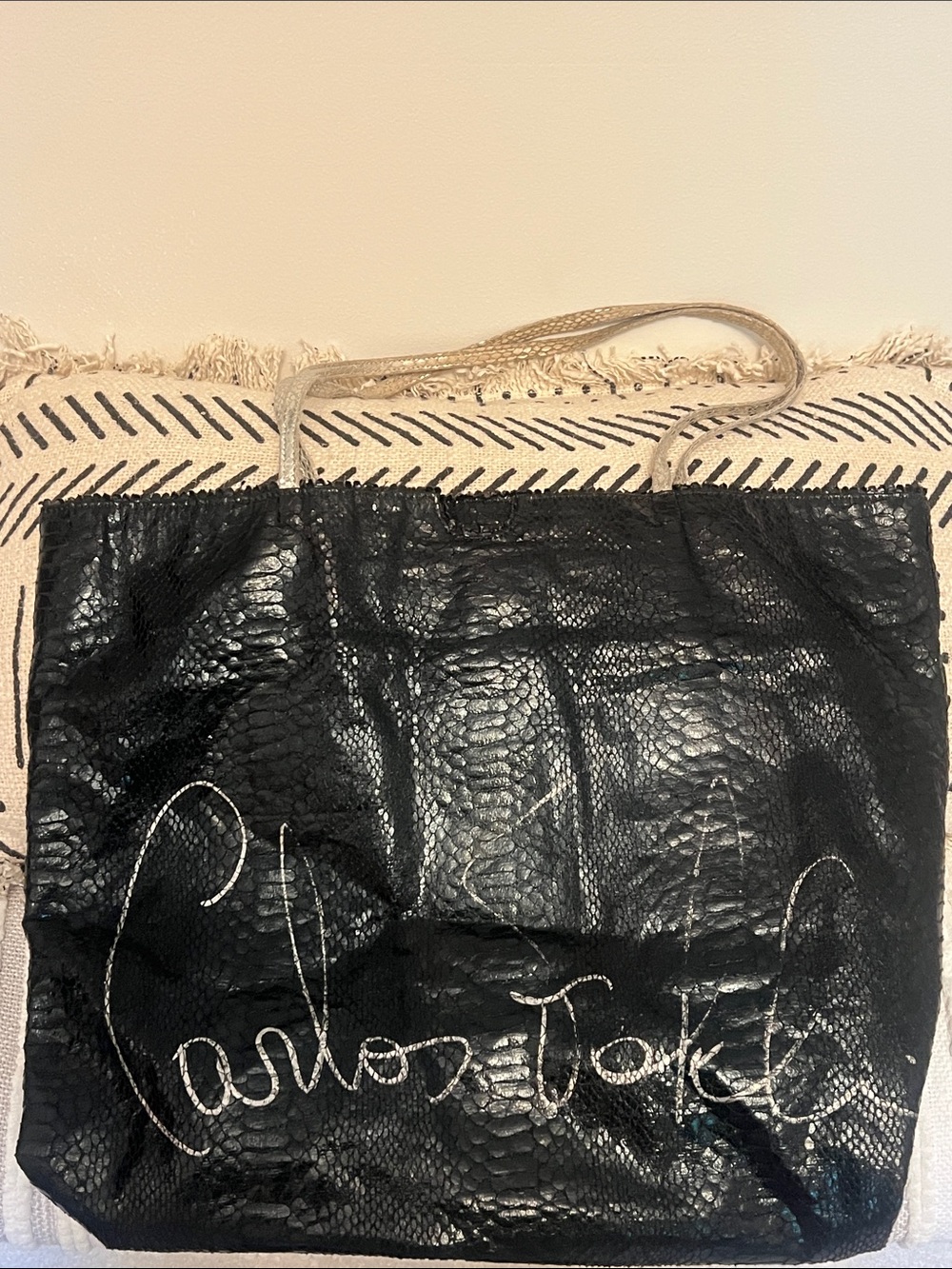 Carlos Falchi Black Faux-Snakeskin Tote with Metallic Script